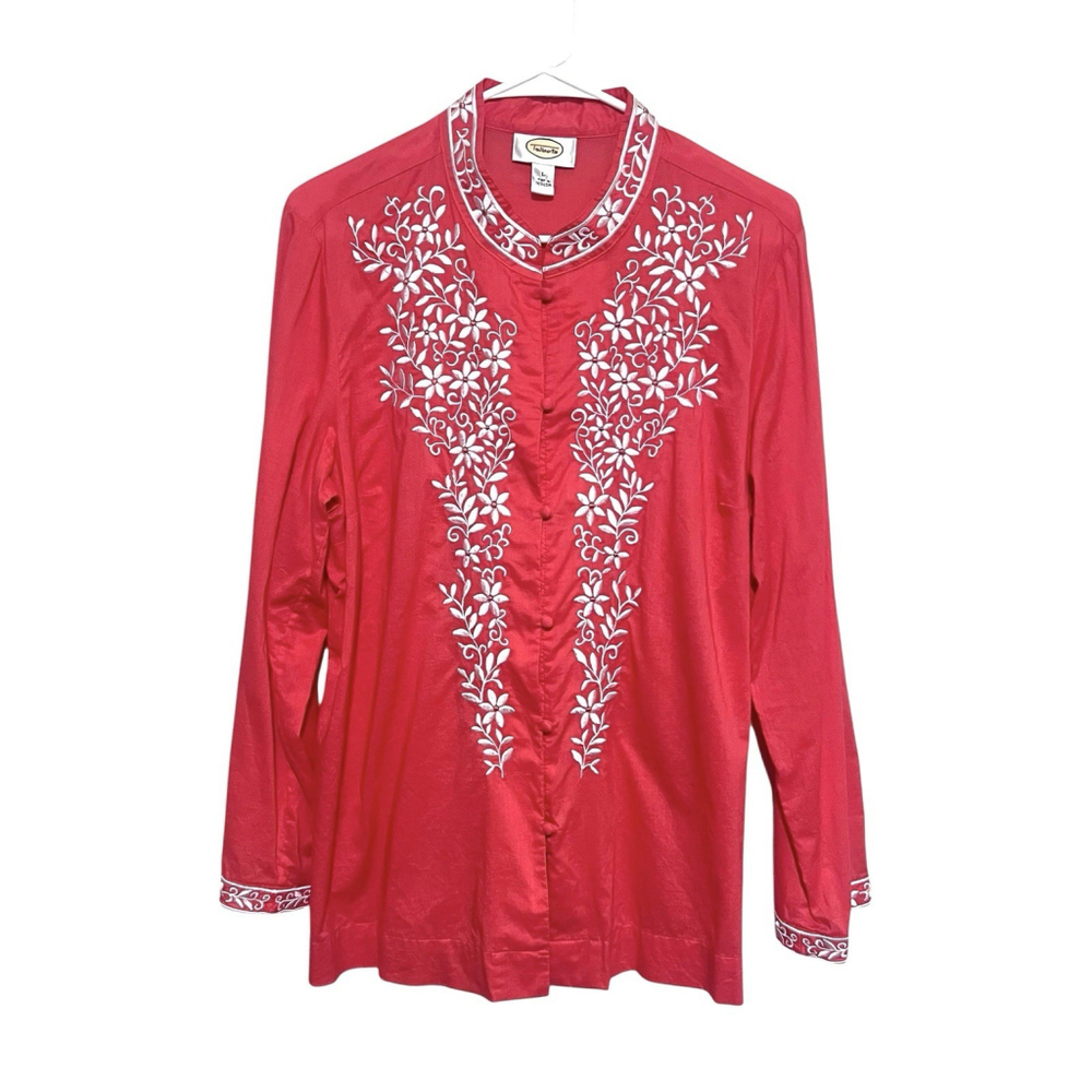 Talbots Embroidered Blouse Women’s Large Coral Floral Oriental Inspired Shirt